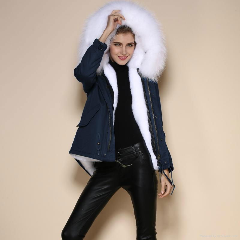 2016 women fashion fur coat with real fur collar and faux fur lining 4