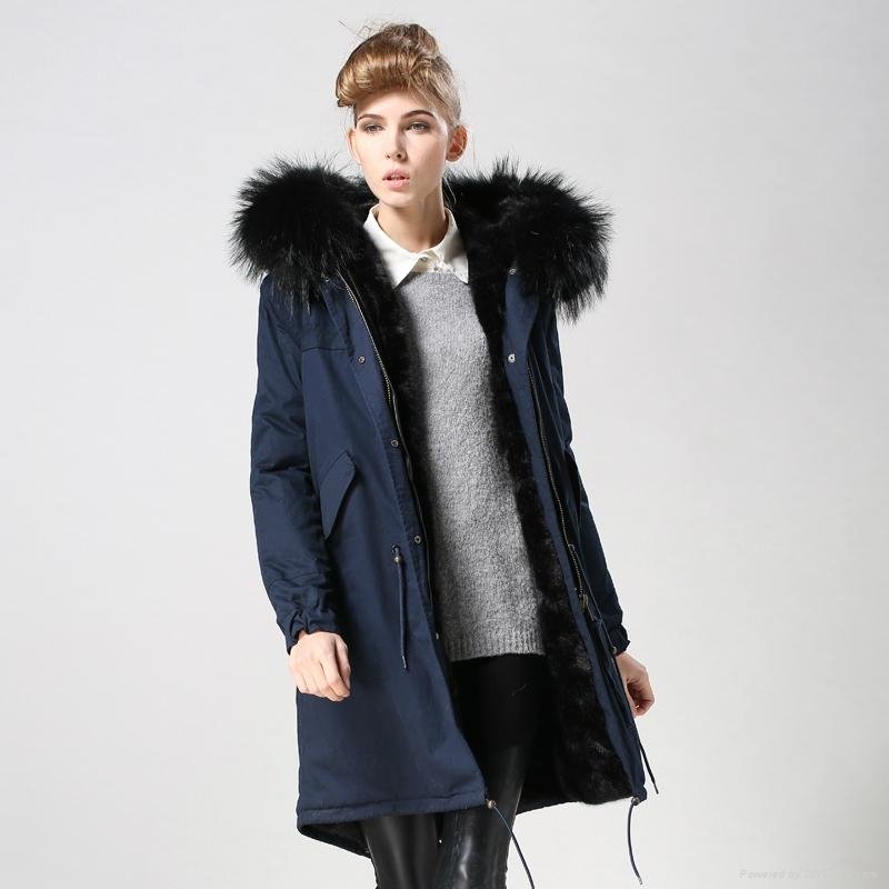 2016 women fashion fur coat with real fur collar and faux fur lining 5