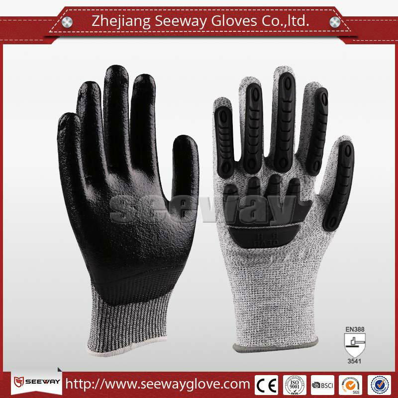 SeeWay B509 HDPE Cut resistant TPR back impact work gloves Nitrile coated palm