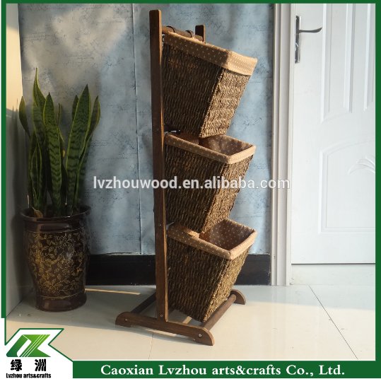 whosale cheap wooden shelf with hanging basket