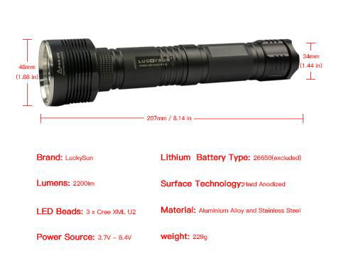 LuckySun 3 U2 LEDs Aluminium Alloy 26650 rechargeable 3000lm in led flashlights  2