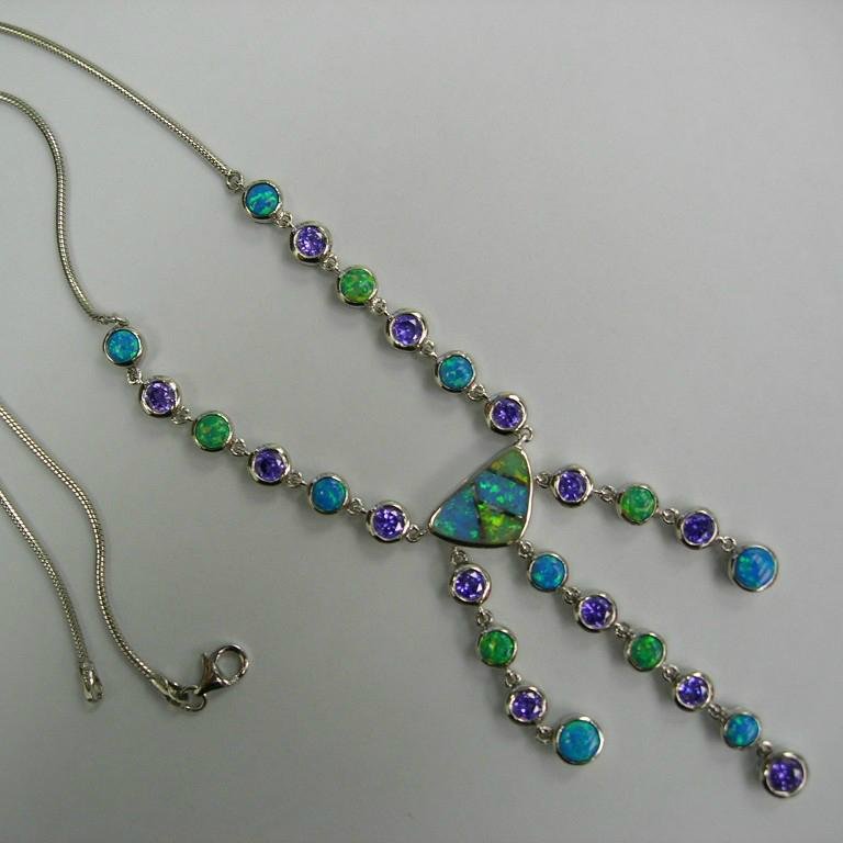 925 STERLING SILVER NECKLACE WITH SYNTHETIC OPALS & AMETHYST