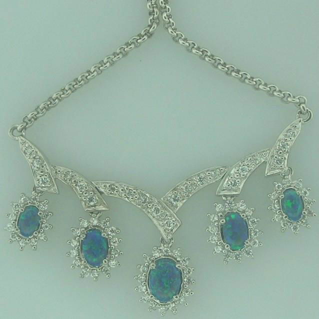 925 STERLING SILVER NECKLACE WITH SYNTHETIC OPALS & DIAMOND CZ