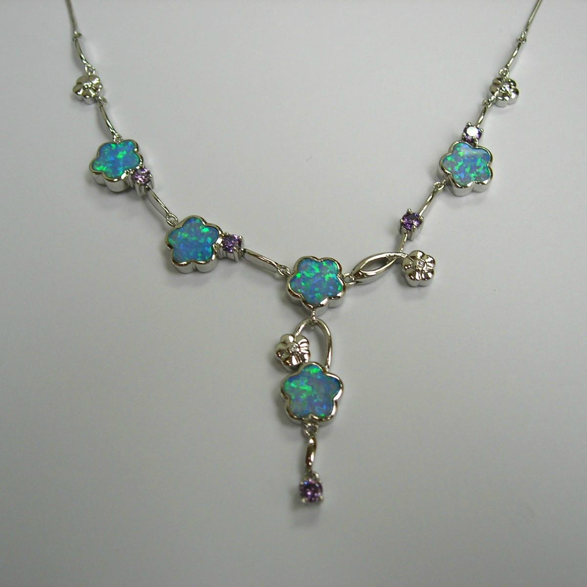 925 STERLING SILVER NECKLACE WITH SYNTHETIC OPALS & AMETHYST OSN0049