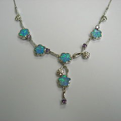 925 STERLING SILVER NECKLACE WITH SYNTHETIC OPALS & AMETHYST