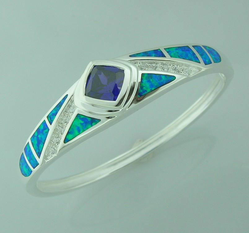 925 STERLING SILVER BANGLE WITH SYNTHETIC OPALS, SYN AMETHYST & DIAMOND CZ