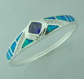 925 STERLING SILVER BANGLE WITH SYNTHETIC OPALS, SYN AMETHYST & DIAMOND CZ 1