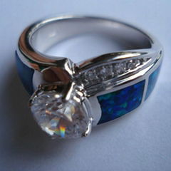 925 STERLING SILVER RING WITH SYNTHETIC OPALS & DIAMOND CZ