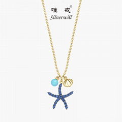 925 Sterling Silver 2018 Brand New Style Blue Starfish Pendant Necklace 