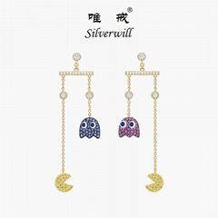 Silverwill 2018 Popular Pac Man Long Drop Earrings Sterling 925 Silver jewelry