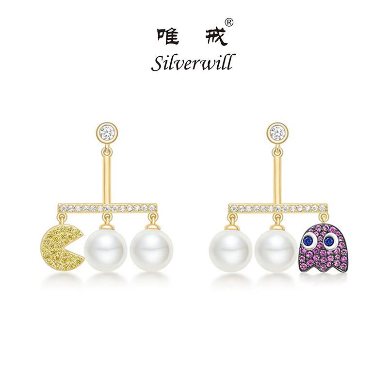 Silverwill 925 Sterling Silver lovely pearl pac man ghost dangle earrings 