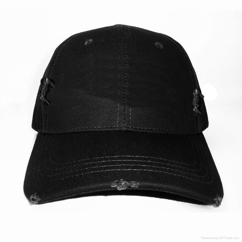 Custom Black Cotton Blank Plain Frayed Distressed Strapback Baseball Cap