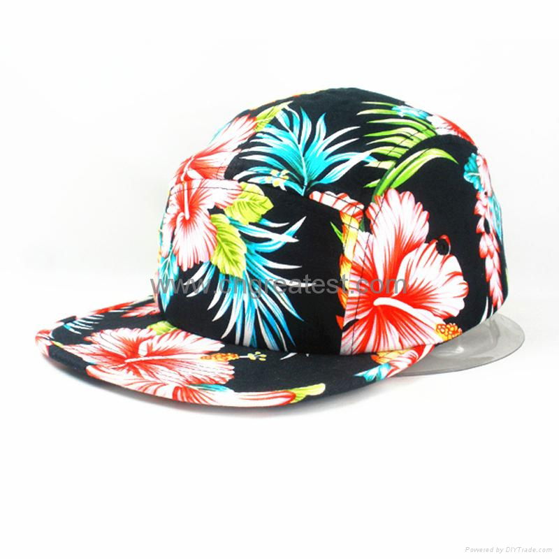 Fashion Hot Sale Floral Pattern Leather Strap 5 Panel Snapback Hat 3