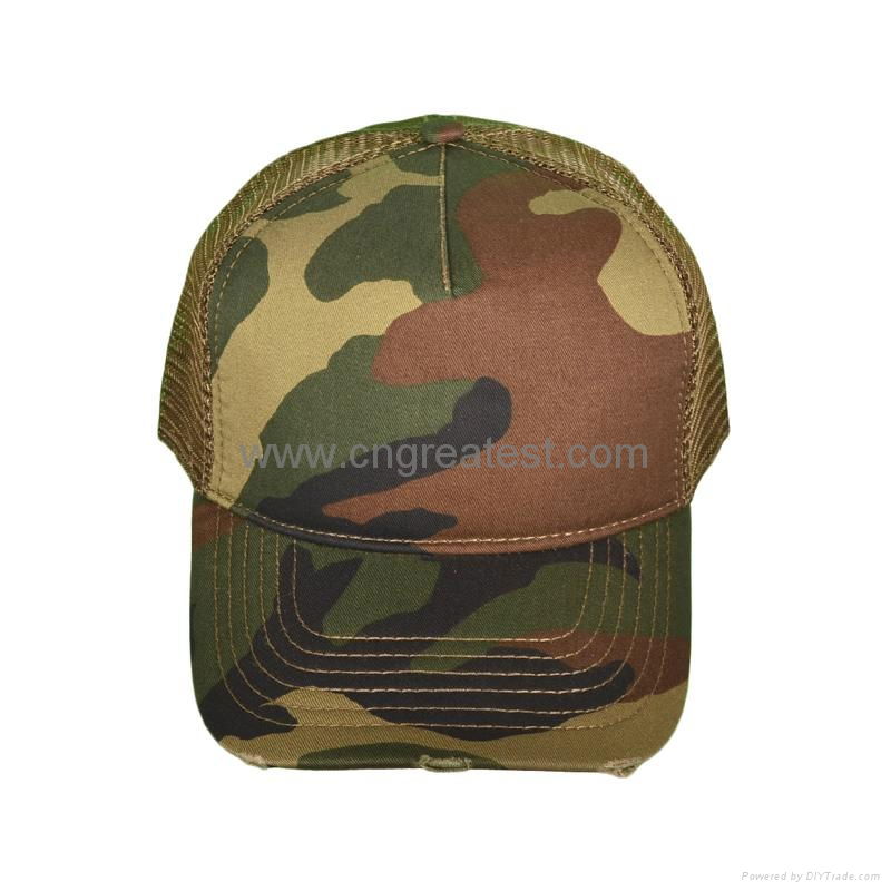 Good Quality Custom Distressed Camo Trucker Mesh Cap Hat 2