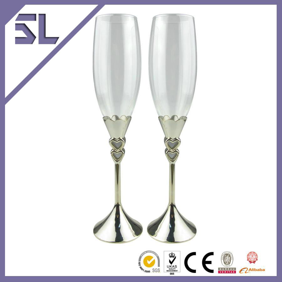 Double heart silver plated champagne flutes wedding gifts for bride and groom 