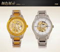 正品福康手錶機械表鏤空防水 時尚休閑腕表 金色瑞士男士手錶鋼帶