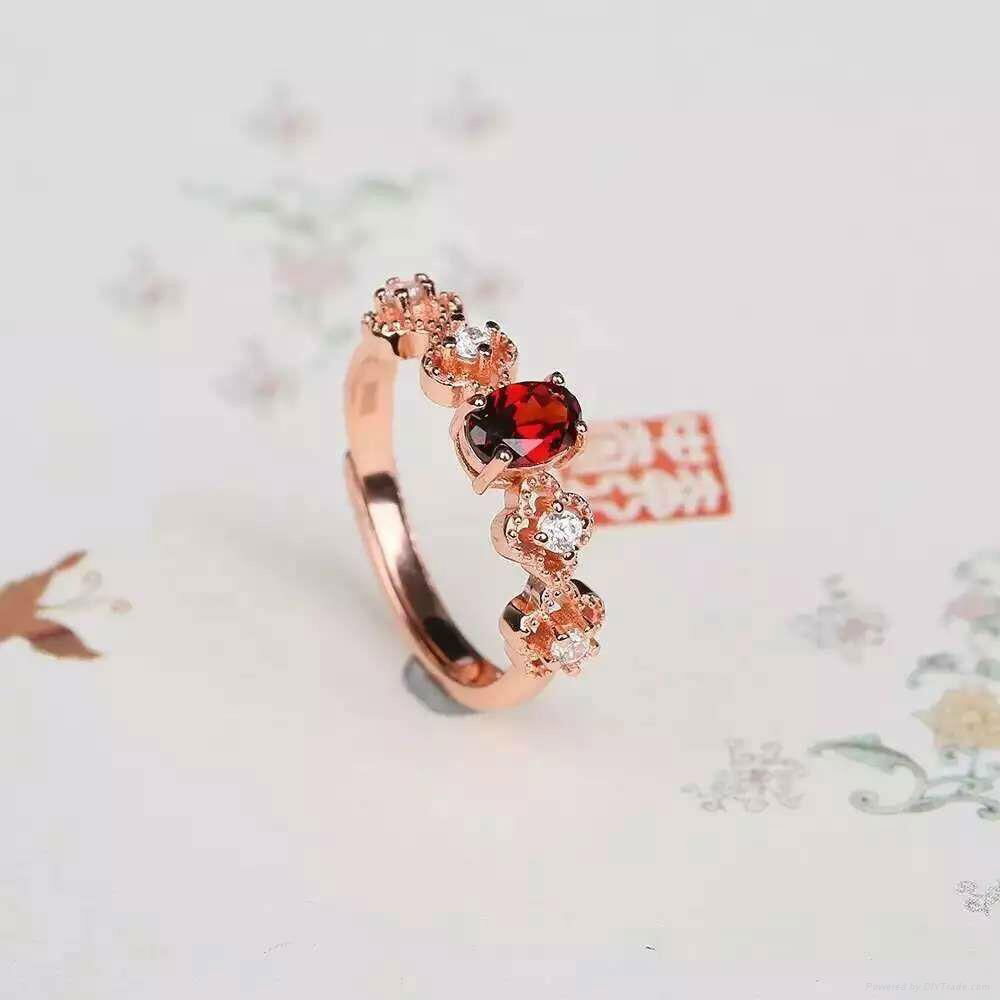 Garnet  Ring 925 silver plated rose gold （ Platinum) 