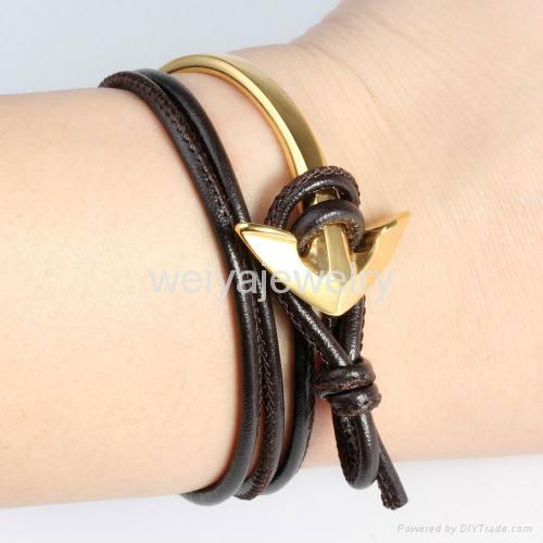 Fashion titanium steel jewelry men's leather anchor gold hook bracelet 2