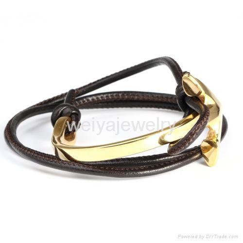Fashion titanium steel jewelry men's leather anchor gold hook bracelet 3