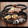 Fashion titanium steel jewelry men's leather double skull head bracelets 1