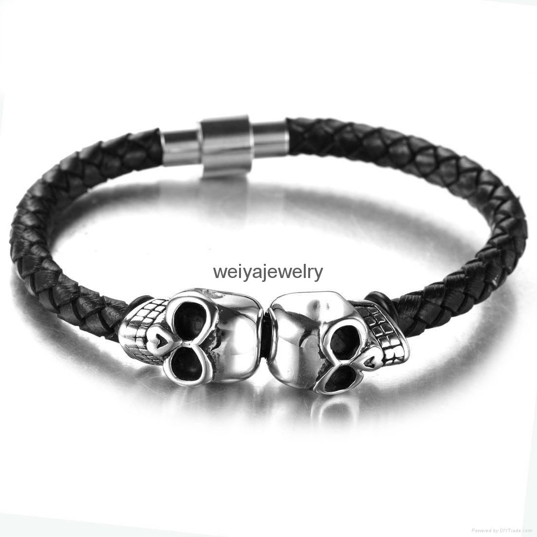 Fashion titanium steel jewelry men's leather double skull head bracelets 2