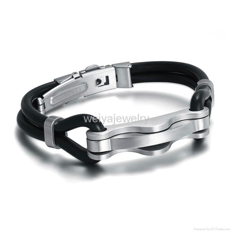 Black silicone bracelet for men with stainless steel metal 2