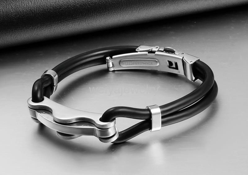 Black silicone bracelet for men with stainless steel metal 5
