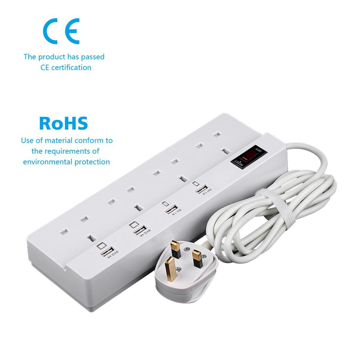 4 way extension cord socket  uk 3 pin plug 250v 13a 4 outlet with usb ports 4