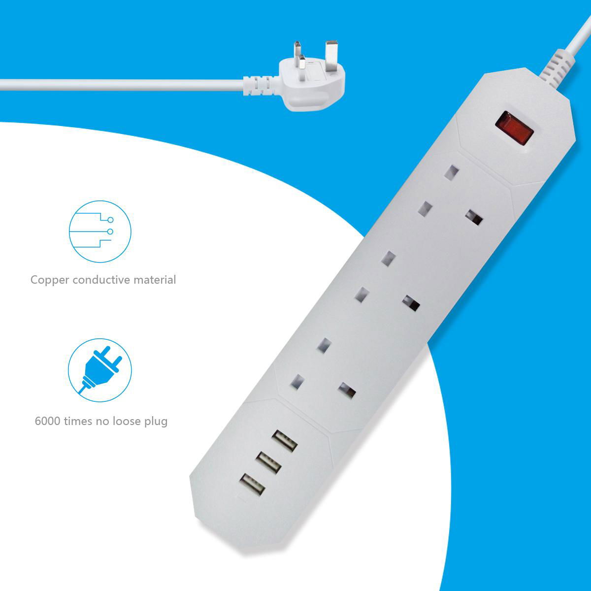 uk multi-function socket with usb ports 3 outlet with voltage surges protection 3