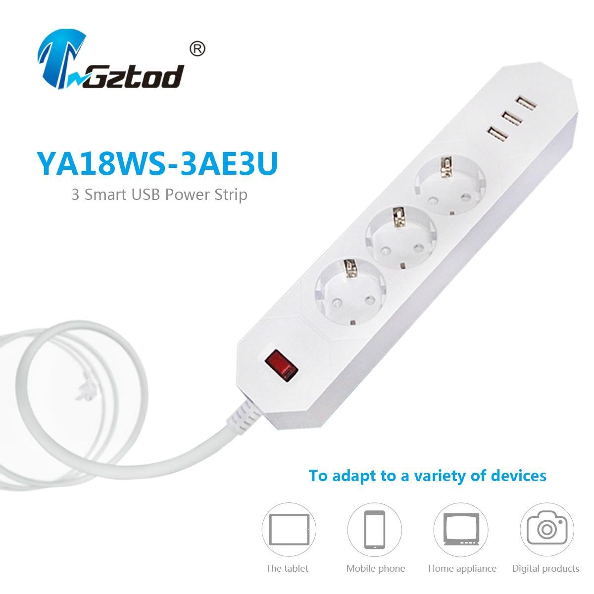 universal receptacle power strip with usb 3 outlets Euro type surge protection 4