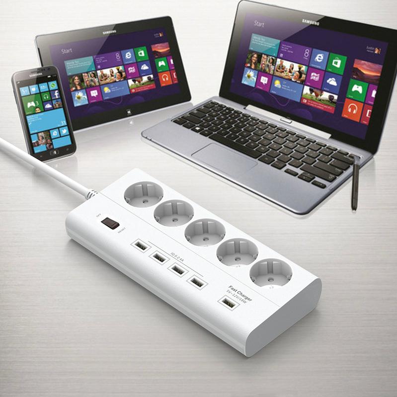 250v surge protector with QC3.0 usb port EU type 16a 4000w 5 gang extension cord 5
