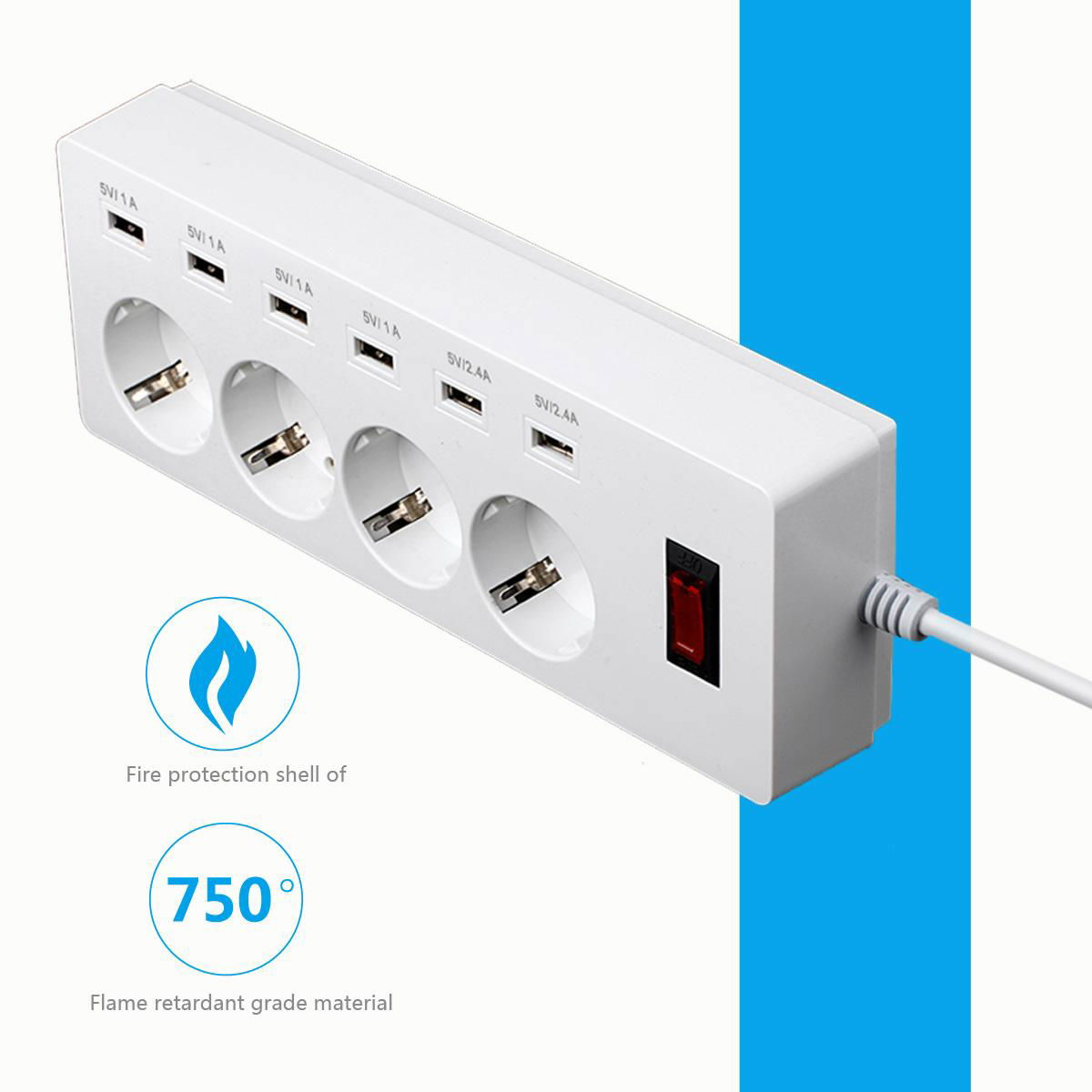 6 gang socket outlet with usb charger port safety shutter EU plug type 16a 4000w  4