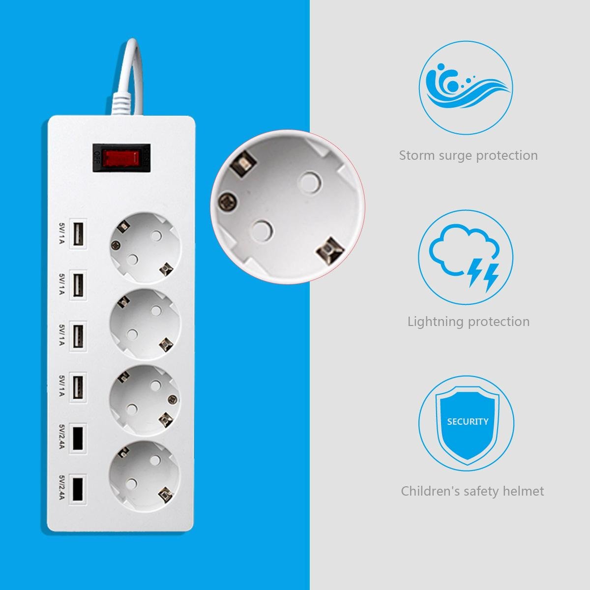 6 gang socket outlet with usb charger port safety shutter EU plug type 16a 4000w 