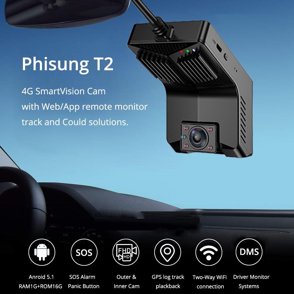 Phisung T2 4G AI dash camera with front and cabin cam for fleet tracking on cmsv 3