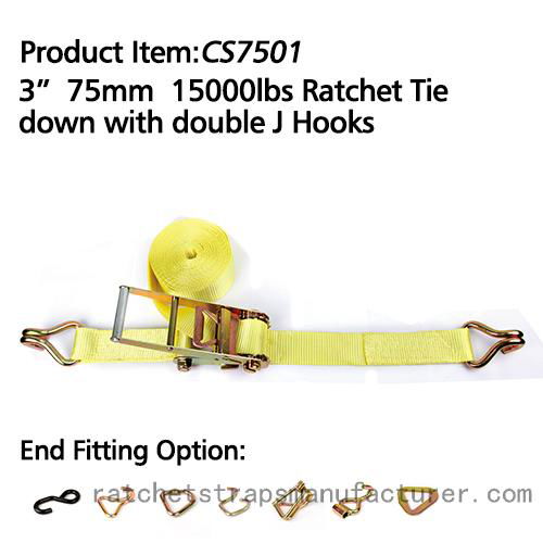 CS7501 3” 75mm 15000lbs Ratchet Tie down with double J Hooks