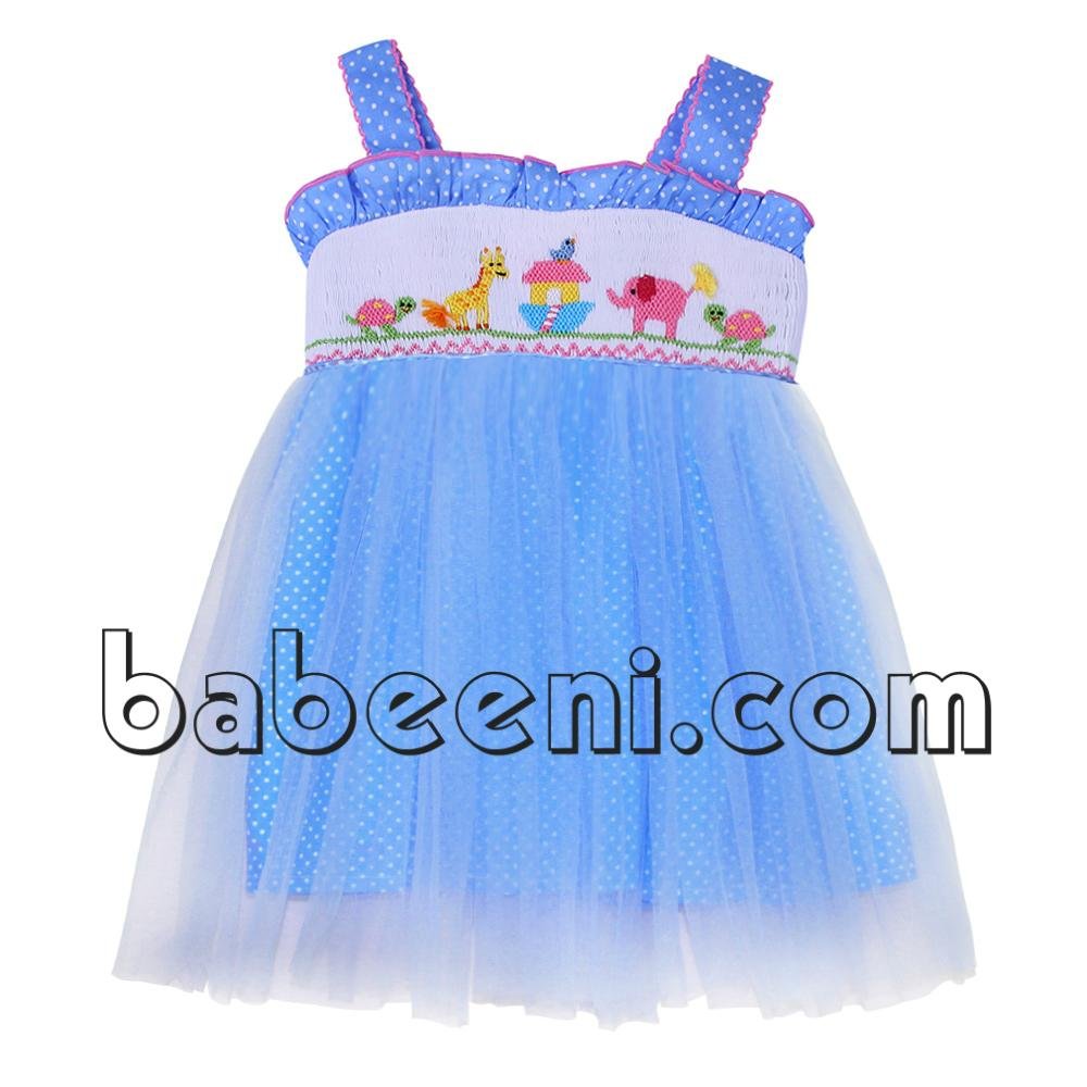 Nice blue tutu dress with cute smocked animals pattern on chest - DR 2368