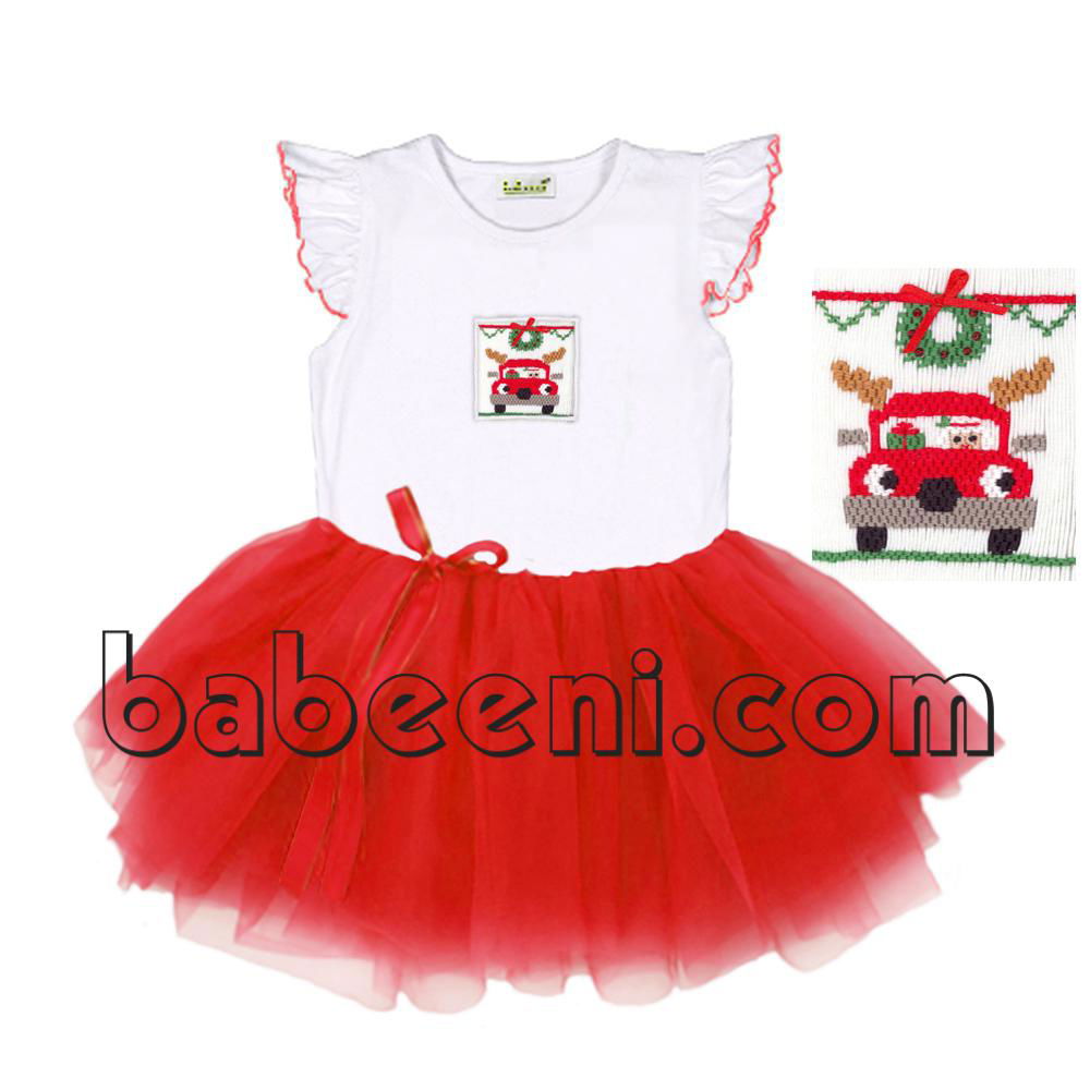 Adorable red tutu dress with lovely reindeer car pattern on top - DR 2366