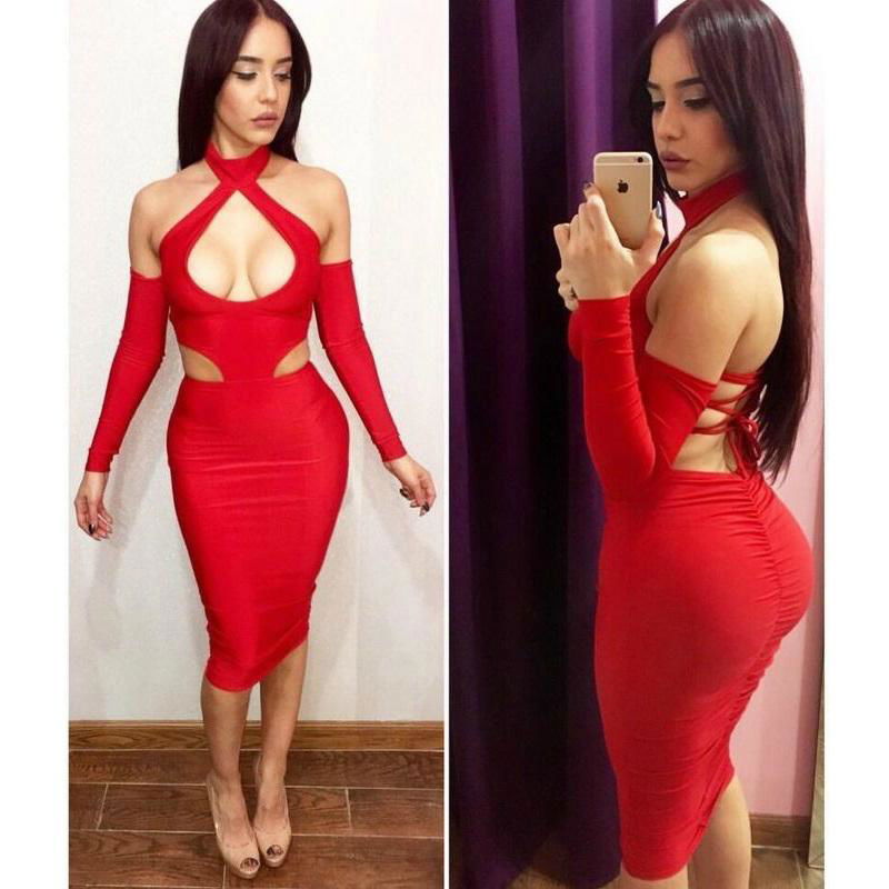 Summer one piece long sleeve bandage sexy girl in transparent dress below knee