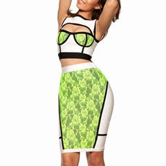 2016 fashion sleeveless bandage two piece green lace dress above knee 