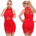 2016 top quality vintage style lace fabric high collar summer bodycon dress