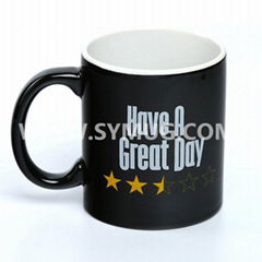 11 oz black outside white inside ceramic mug with decal