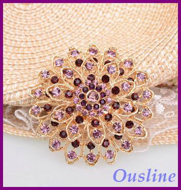 Beautiful purple rhinestone metal flower brooch pins