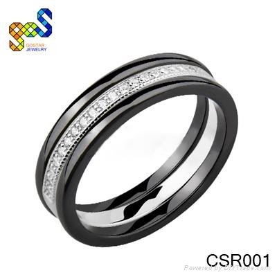 Woman's ceramic black diamond ring, wedding ceramic silver ring jewelry for gift