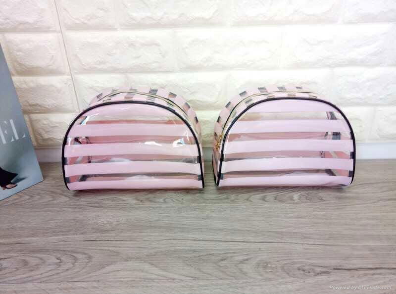 Pink striped cosmetic bag