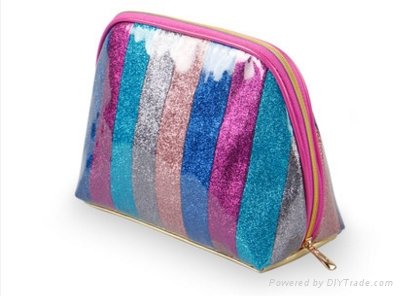 pu +pvc woman style stripe clutch cosmetic bag 