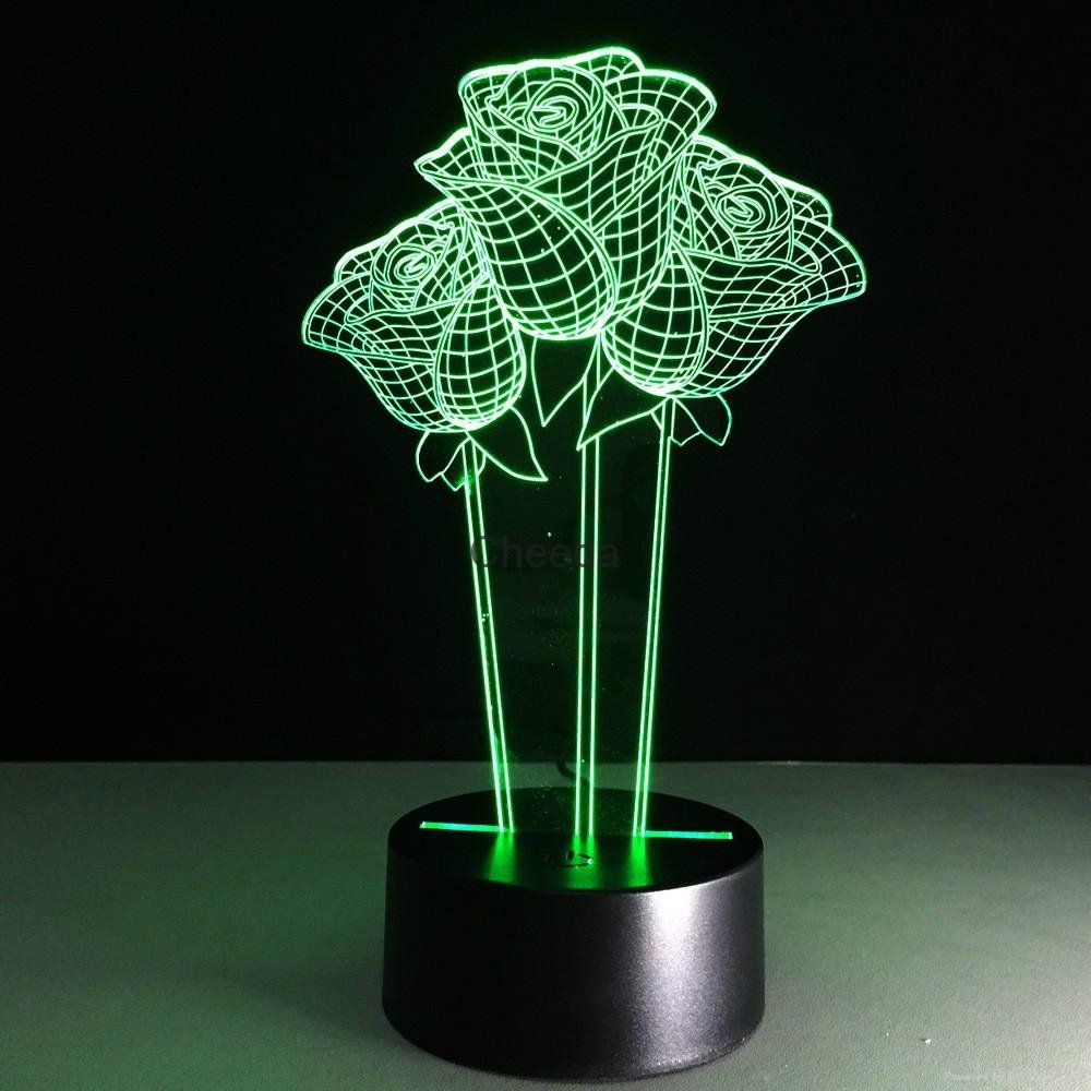Beautiful Rose Flower 3D Optical Illusion Lamp Seven Color Changing Night Light 3