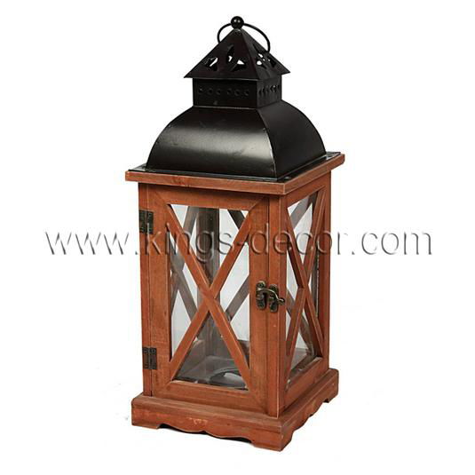 Black metal top brown wood led candle lantern