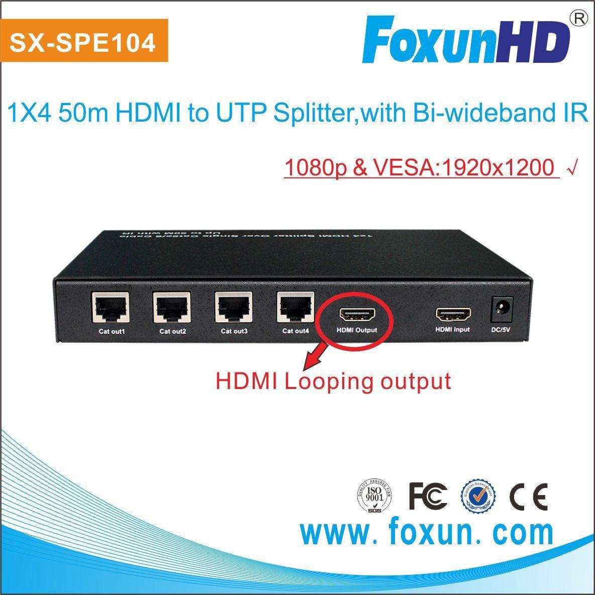 HDMI splitter 1x4 via cat5e cable with IR control 1080p output  3