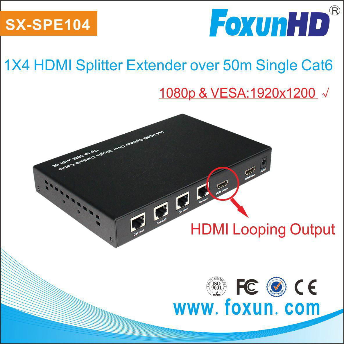 HDMI splitter 1x4 via cat5e cable with IR control 1080p output  2