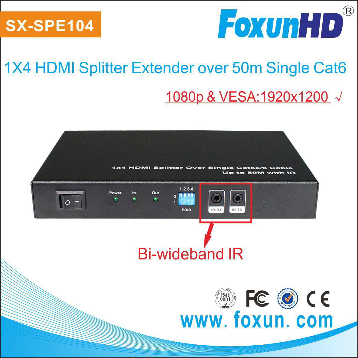 HDMI splitter 1x4 via cat5e cable with IR control 1080p output 